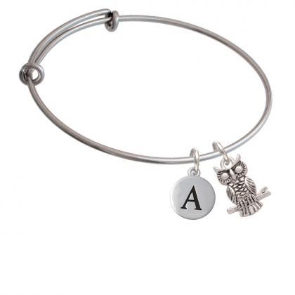 Antiqued Owl Initial Charm Expandable Bangle..