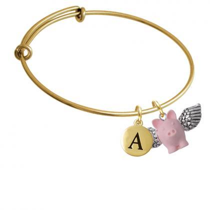 Pink Flying Pig With Wings Gold Tone Initial Charm..