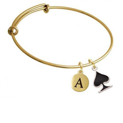 Card Suit - Black Spade Gold Tone Initial Charm..
