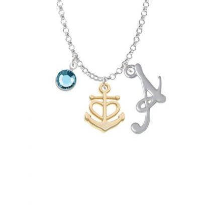 Gold Tone Anchor With Heart Charm Necklace With..