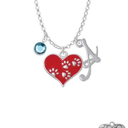 Red Enamel Heart With Paw Prints Charm Necklace..