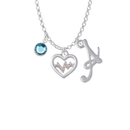 Heart With Ab Crystal Heartbeat Charm Necklace..