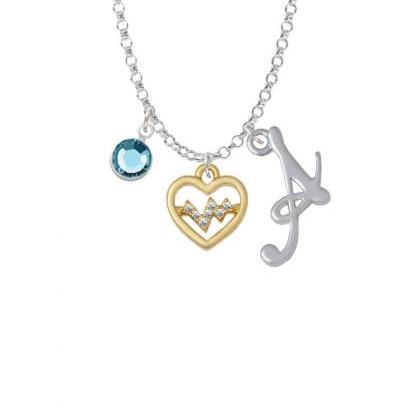 Gold Tone Heart - Crystal Heartbeat Charm Necklace..