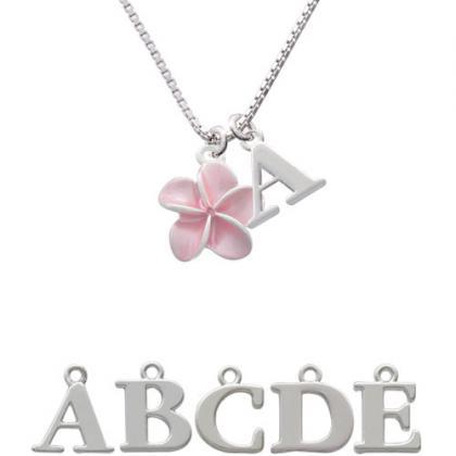 Pink Plumeria Flower Initial Charm Necklace..