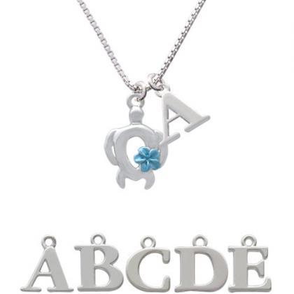 Open Sea Turtle With Blue Plumeria Initial Charm..