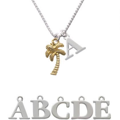 Gold Tone Palm Tree Initial Charm Necklace..