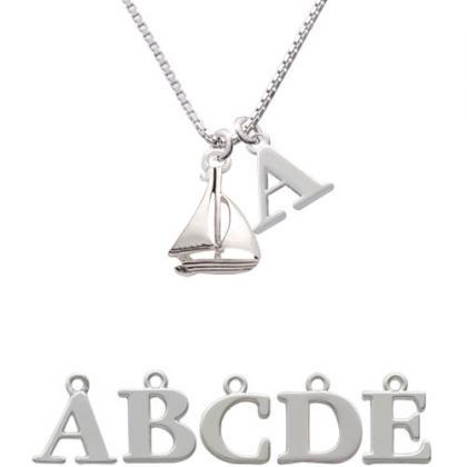Antiqued Sailboat Initial Charm Necklace..