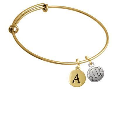 Volleyball or Water Polo Ball Gold Tone Initial Charm Expandable Bangle Bracelet BR-C2893-PebbleInitial-F2084-GP