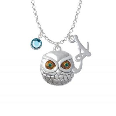 Large Round Owl with Green Crystal Eyes Charm Necklace with Gelato Initial and Crystal Drop NC-Channel-CT1034-SmGelato-F2301