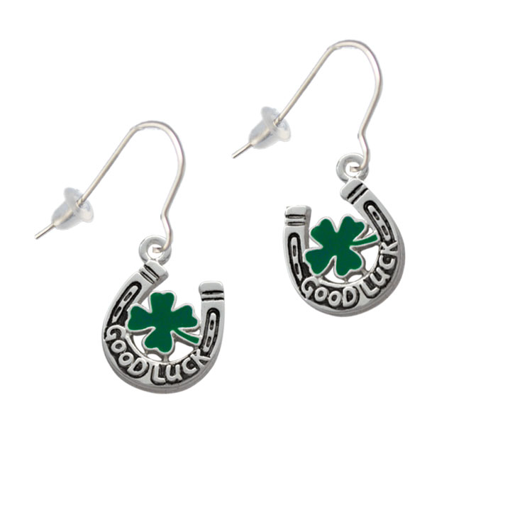 Good Luck Horseshoe With Green Four Leaf Clover French Earrings