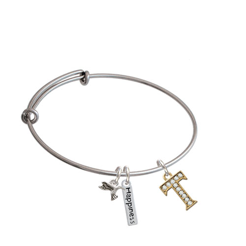 Crystal Gold Tone Initial - Expandable Bangle Bracelet| Initial| T