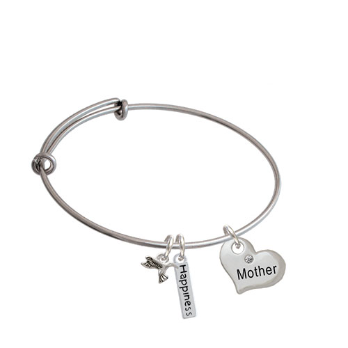 Large Family Heart With Clear Crystal Expandable Bangle Bracelet| Message| Mother