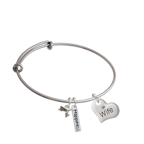 Large Family Heart With Clear Crystal Expandable Bangle Bracelet| Message| Wife