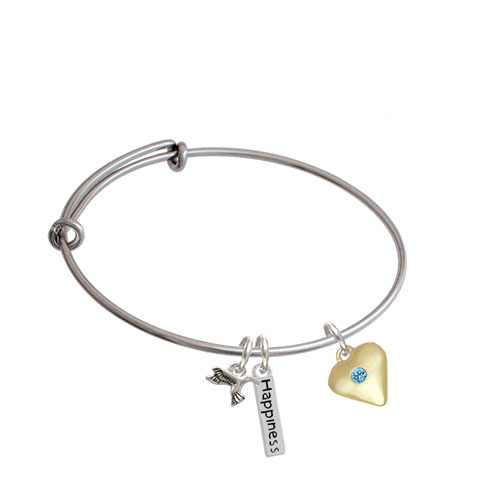 Large Birthday Crystal Gold Tone Heart Expandable Bangle Bracelet| Color| Aqua