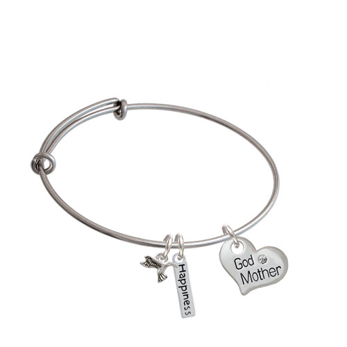 Large Family Heart With Clear Crystal Expandable Bangle Bracelet| Message| Godmother