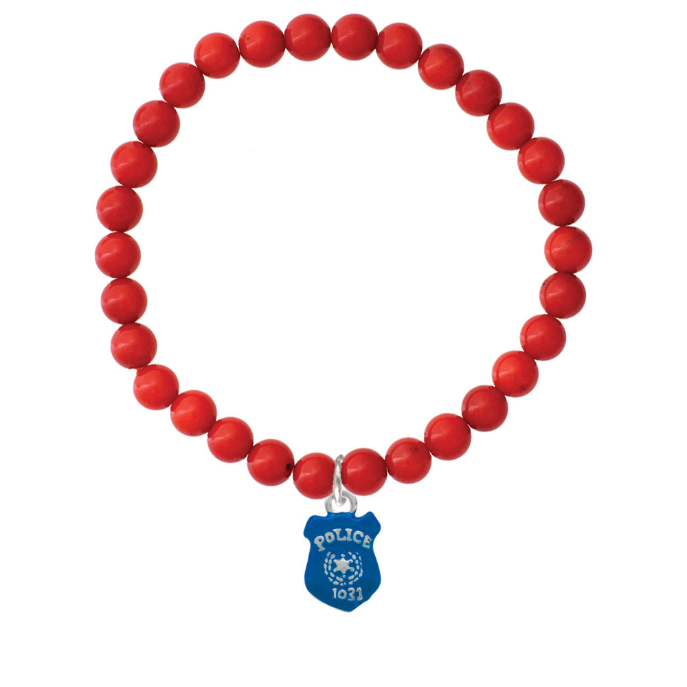 Nc-c3596-coral - Blue Policeman's Badge Red Coral Charm Bracelet, Stretch