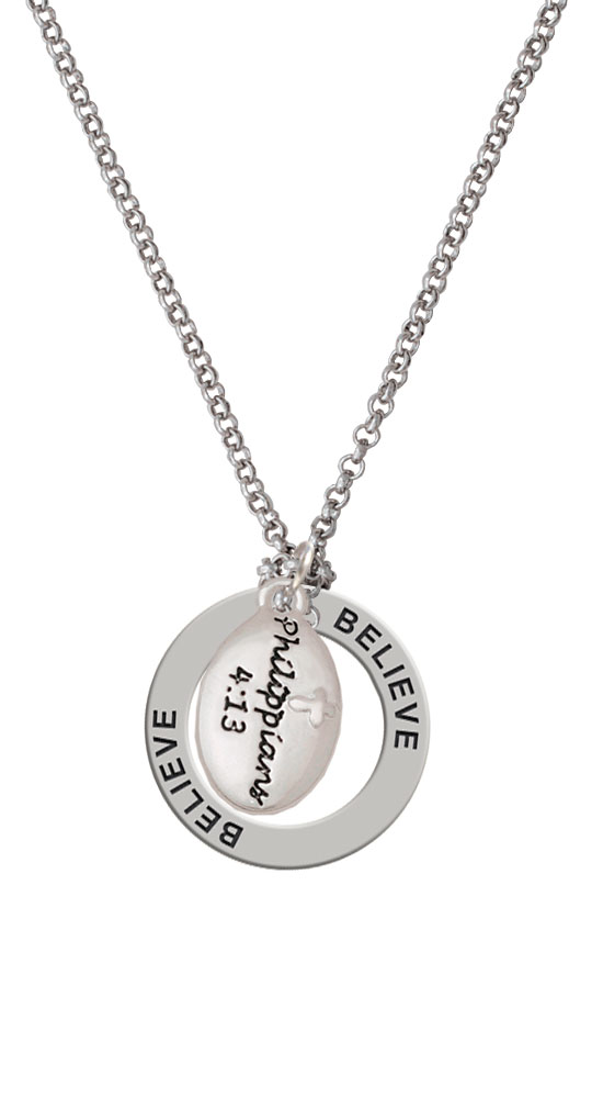Silver Plated "philippians 4:13" Bible Verse On Oval Disc-c5965 Affirmation Ring Necklace