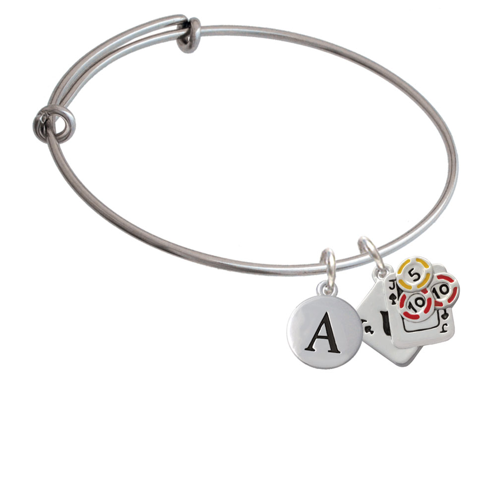 Cards With Poker Chips Initial Charm Expandable Bangle Bracelet Br-c2668-pebbleinitial-f2084