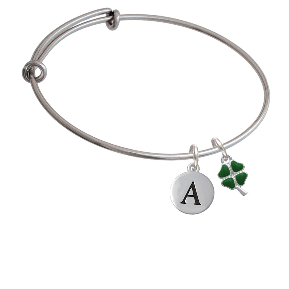 Mini Green Heart Four Leaf Clovers Initial Charm Expandable Bangle Bracelet Br-c4305-pebbleinitial-f2084