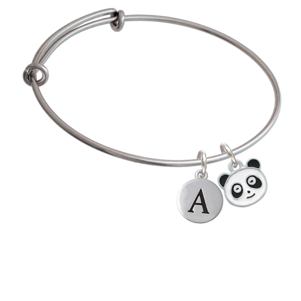 Enamel Panda Face Initial Charm Expandable Bangle Bracelet Br-c4398-pebbleinitial-f2084