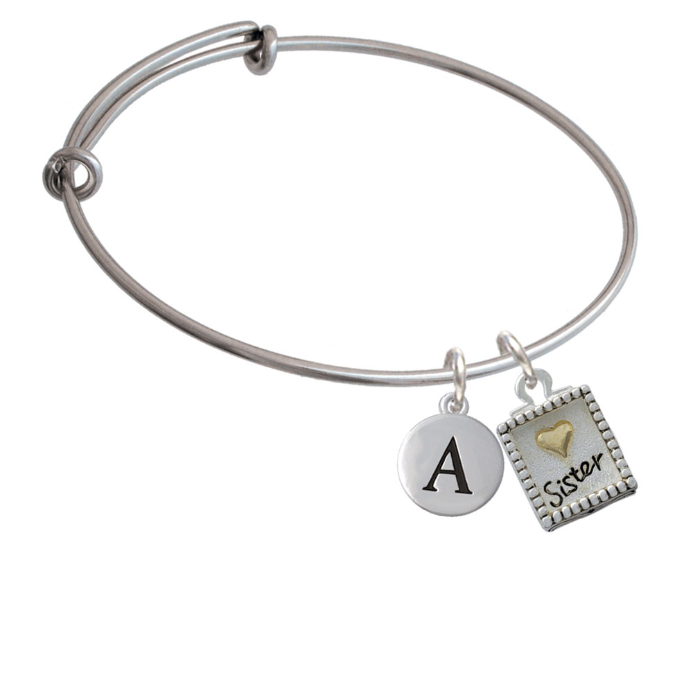 Shadow Box ''sister'' With Gold Tone Heart Initial Charm Expandable Bangle Bracelet