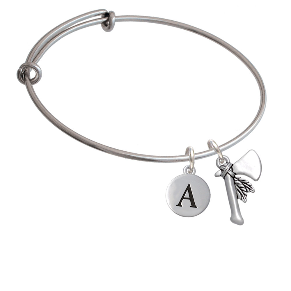 Tomahawk With Feathers Initial Charm Expandable Bangle Bracelet Br-c4869-pebbleinitial-f2084