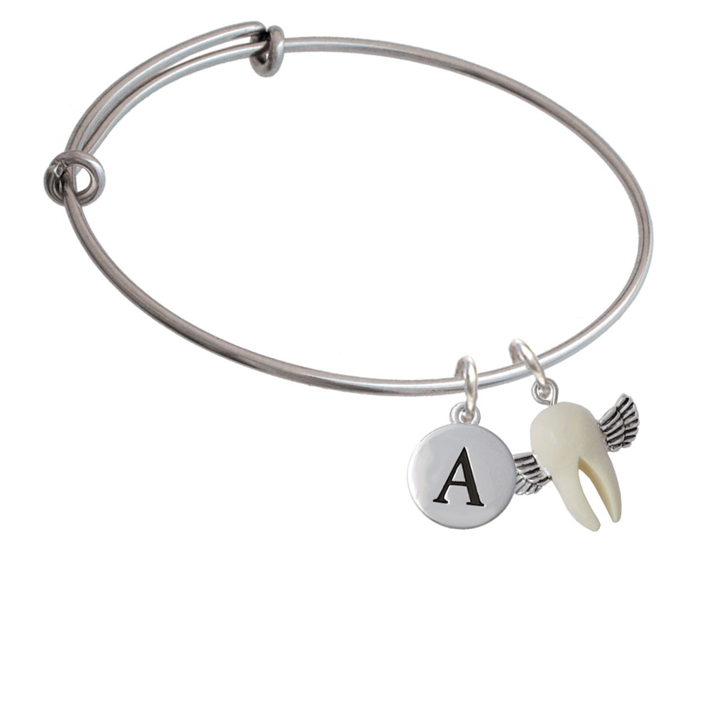 White Tooth With Wings - Tooth Fairy Initial Charm Expandable Bangle Bracelet Br-c5269-pebbleinitial-f2084