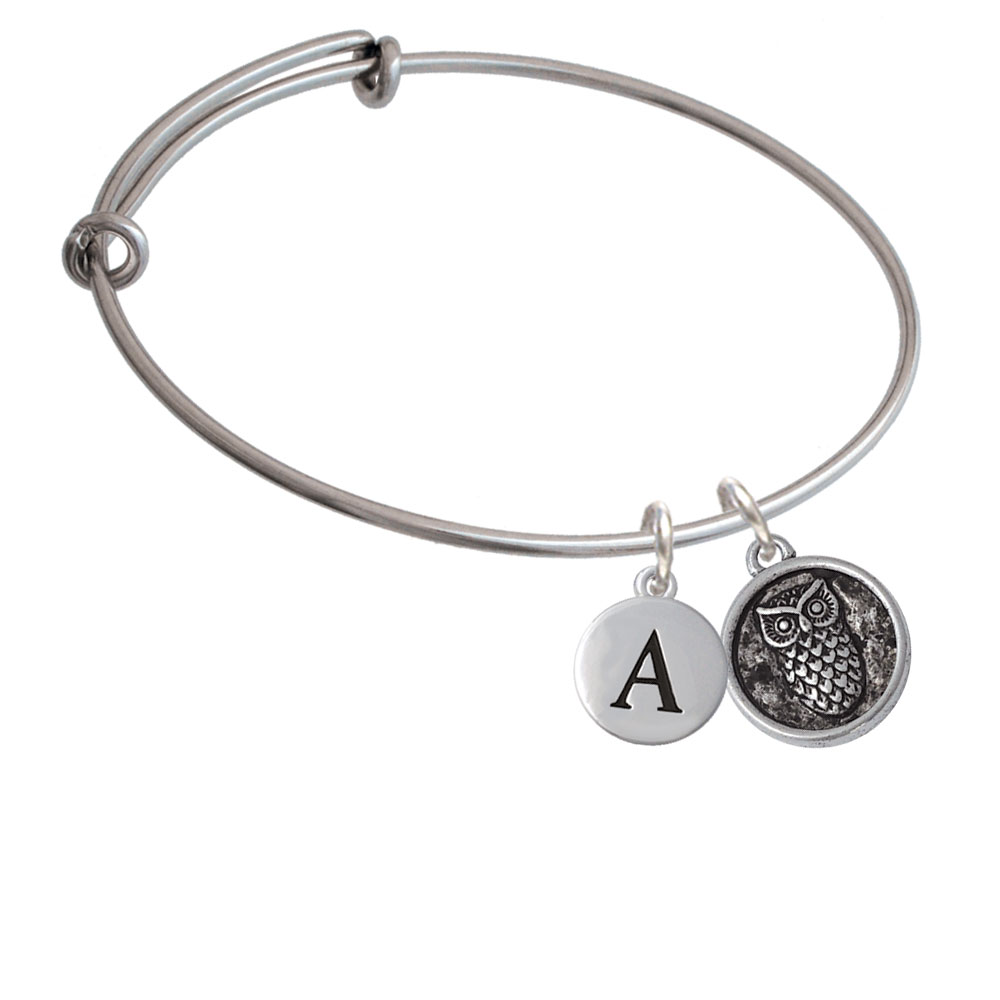 Antiqued Round Seal - Owl Initial Charm Expandable Bangle Bracelet Br-ct1073-pebbleinitial-f2084