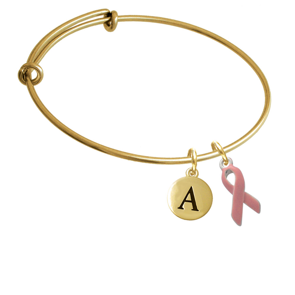 Pink Ribbon Gold Tone Initial Charm Expandable Bangle Bracelet Br-c1684-pebbleinitial-f2084-gp