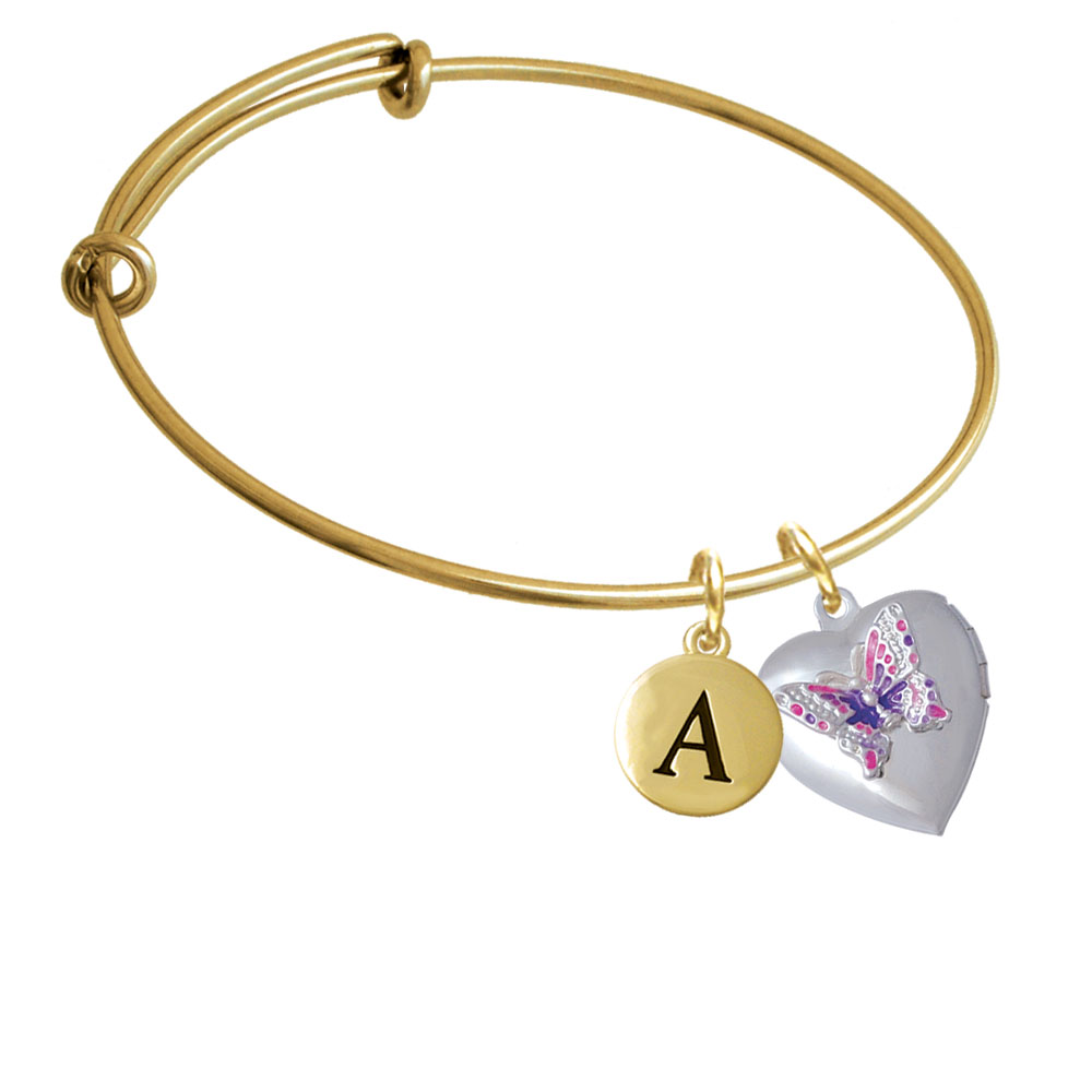 Pink & Purple Butterfly Locket Gold Tone Initial Charm Expandable Bangle Bracelet Br-c4977-pebbleinitial-f2084-gp