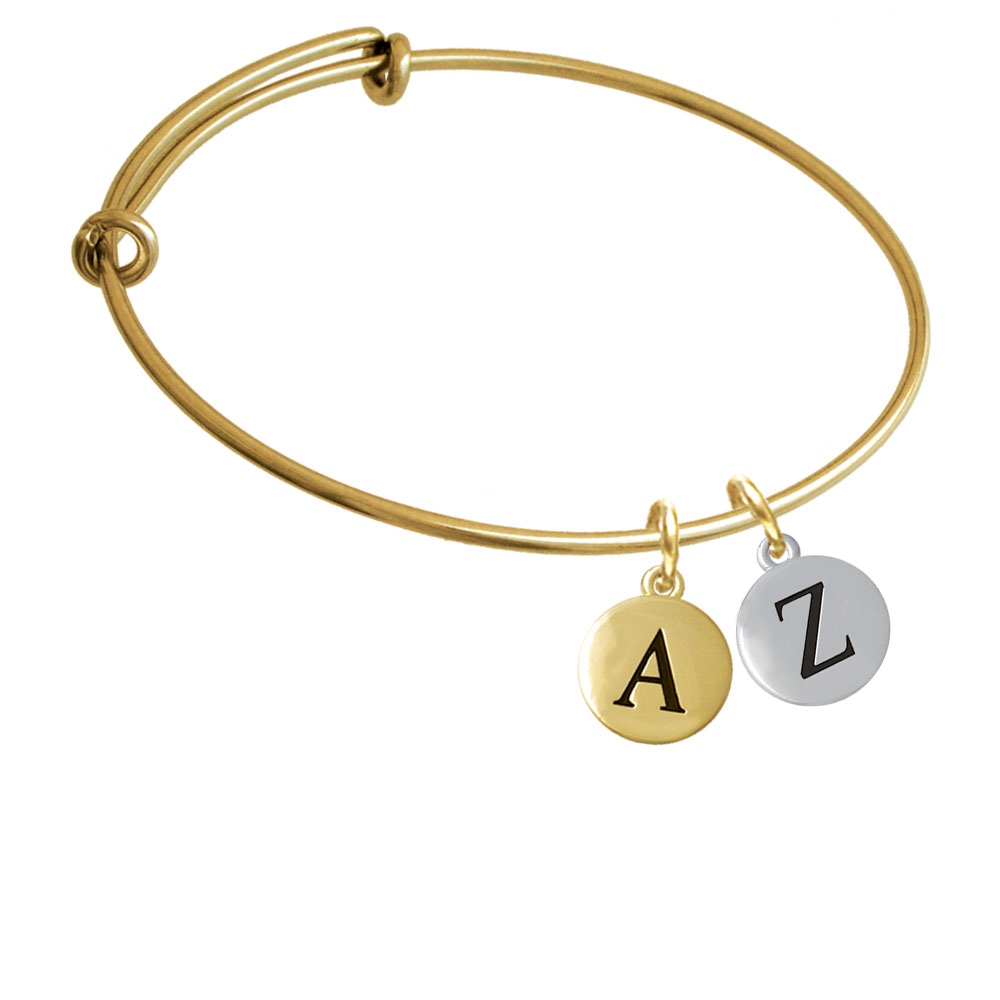 Capital Letter - Z - Pebble Disc - Gold Tone Initial Charm Expandable Bangle Bracelet Br-c5150-pebbleinitial-f2084-gp
