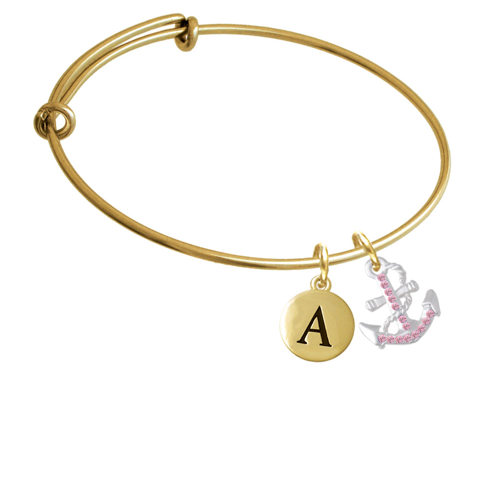 Pink Crystal Anchor Gold Tone Initial Charm Expandable Bangle Bracelet Br-c5536-pebbleinitial-f2084-gp