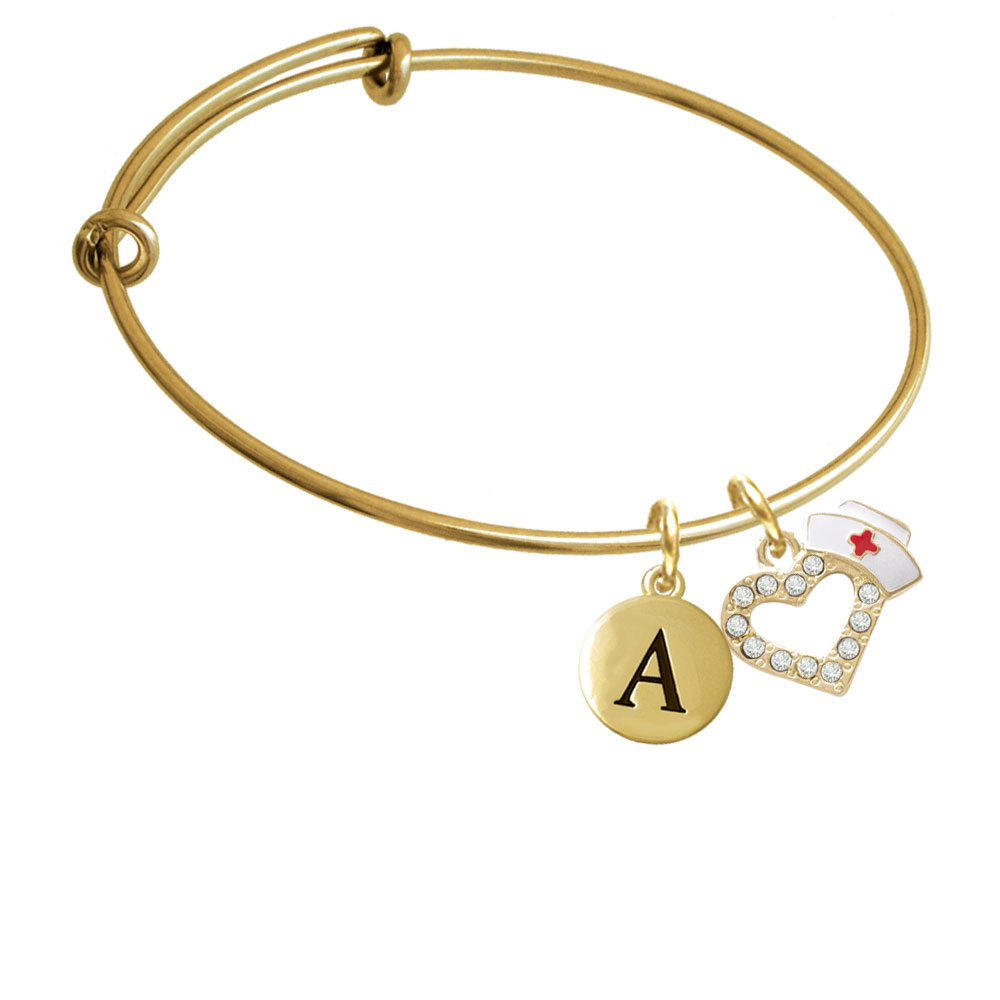 Small Gold Tone Crystal Heart With Nurse Hat Gold Tone Initial Charm Expandable Bangle Bracelet Br-c5818-pebbleinitial-f2084-gp