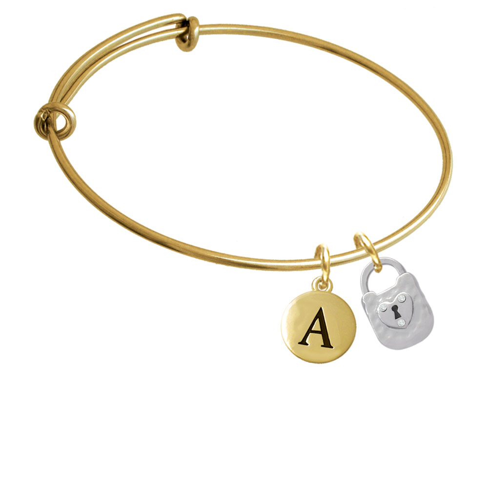 Hammered Lock With Heart And Clear Crystals Gold Tone Initial Charm Expandable Bangle Bracelet Br-c4663-pebbleinitial-f2084-gp