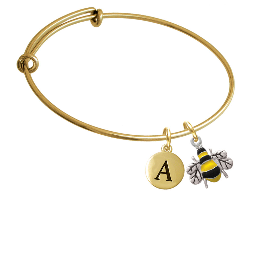 Enamel Bee Gold Tone Initial Charm Expandable Bangle Bracelet Br-c1024-pebbleinitial-f2084-gp