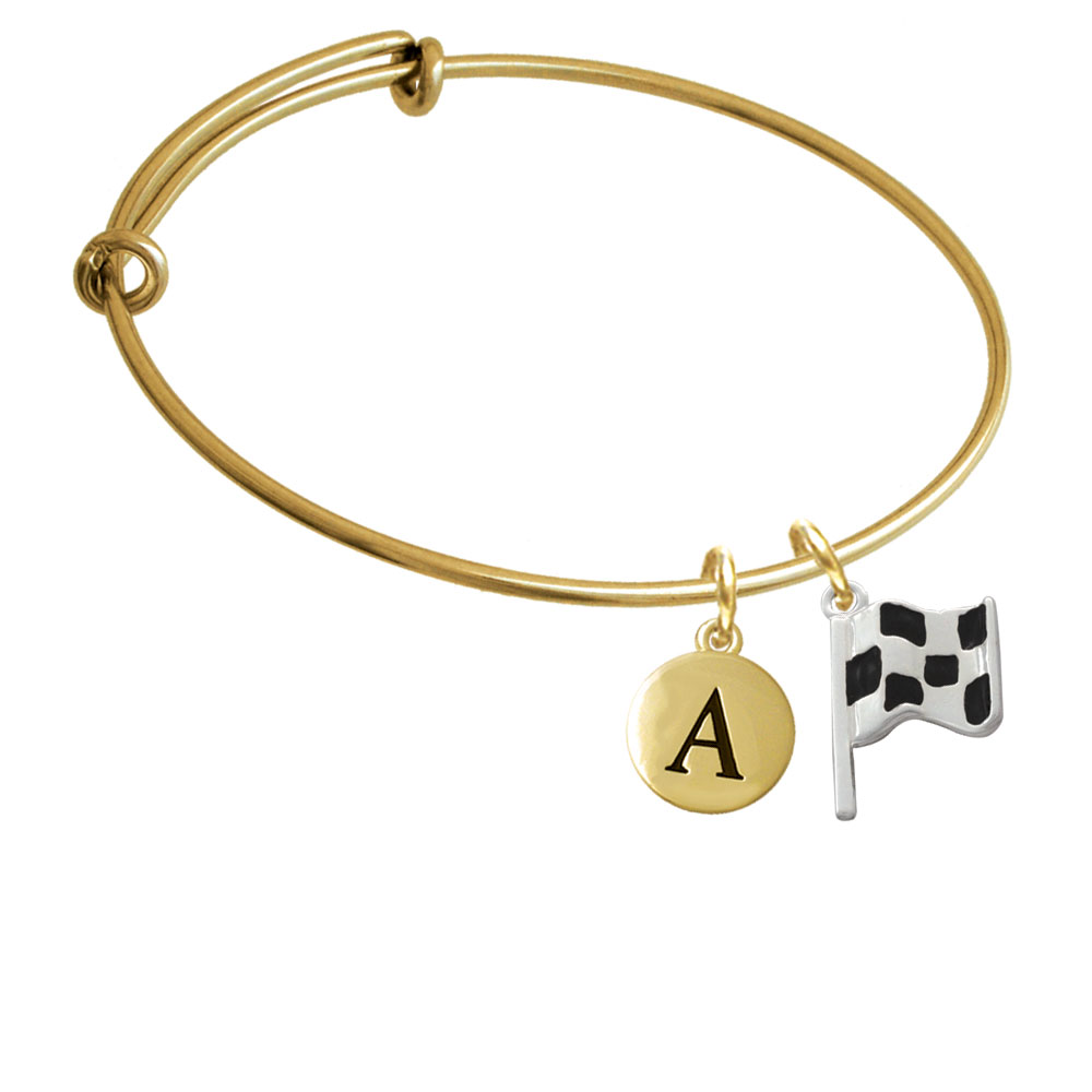 Checkered Race Flag Gold Tone Initial Charm Expandable Bangle Bracelet Br-c2020-pebbleinitial-f2084-gp