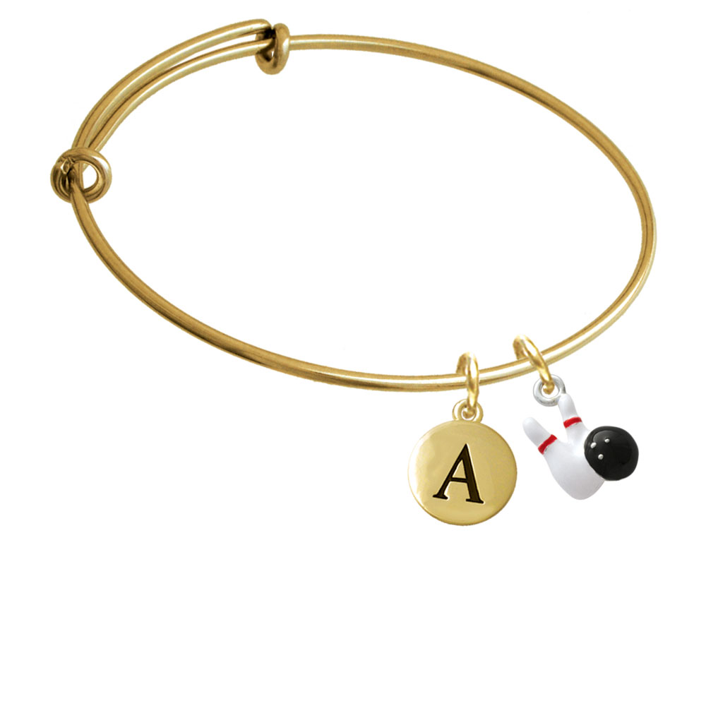 Bowling Pins With Bowling Ball Gold Tone Initial Charm Expandable Bangle Bracelet Br-c2468-pebbleinitial-f2084-gp