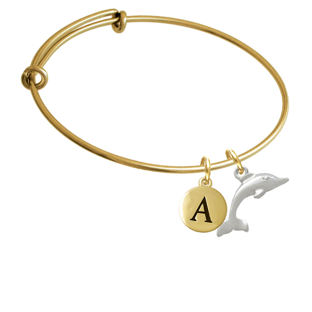 Antiqued Dolphin Gold Tone Initial Charm Expandable Bangle Bracelet Br-c2486-pebbleinitial-f2084-gp