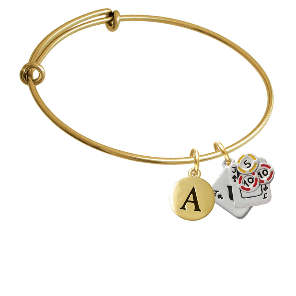 Cards With Poker Chips Gold Tone Initial Charm Expandable Bangle Bracelet Br-c2668-pebbleinitial-f2084-gp