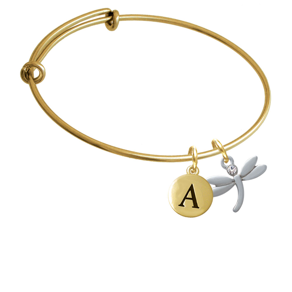 Small Dragonfly With Crystal Gold Tone Initial Charm Expandable Bangle Bracelet Br-c3740-pebbleinitial-f2084-gp