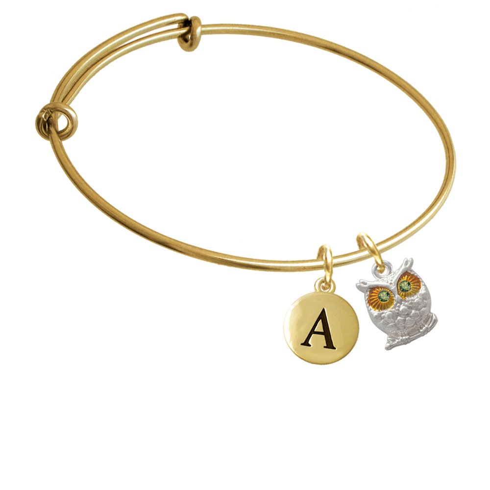 Owl With Lime Green Crystal Eyes Gold Tone Initial Charm Expandable Bangle Bracelet Br-c3759-pebbleinitial-f2084-gp