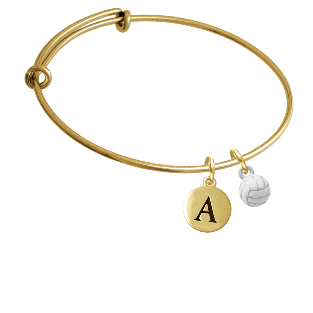 3-d White Volleyball Gold Tone Initial Charm Expandable Bangle Bracelet Br-c4221-pebbleinitial-f2084-gp