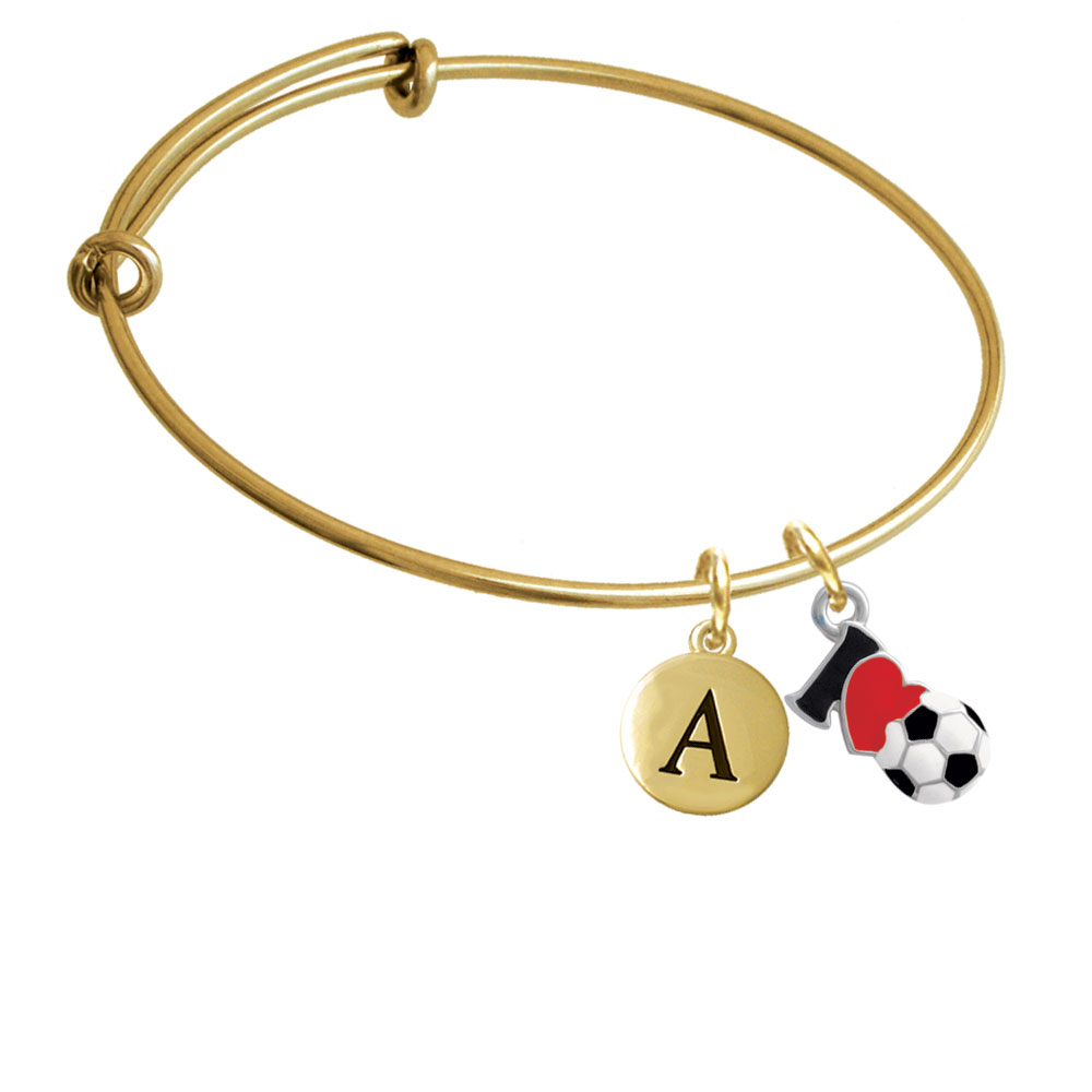 I Love Soccer - Red Heart Gold Tone Initial Charm Expandable Bangle Bracelet Br-c4238-pebbleinitial-f2084-gp