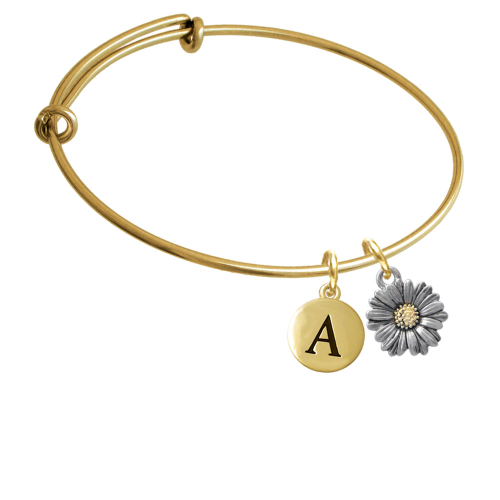 Two Tone Daisy Flower Gold Tone Initial Charm Expandable Bangle Bracelet Br-c4256-pebbleinitial-f2084-gp