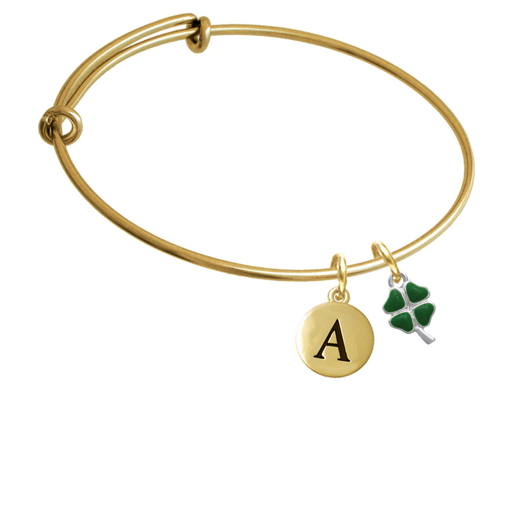 Mini Green Heart Four Leaf Clovers Gold Tone Initial Charm Expandable Bangle Bracelet Br-c4305-pebbleinitial-f2084-gp