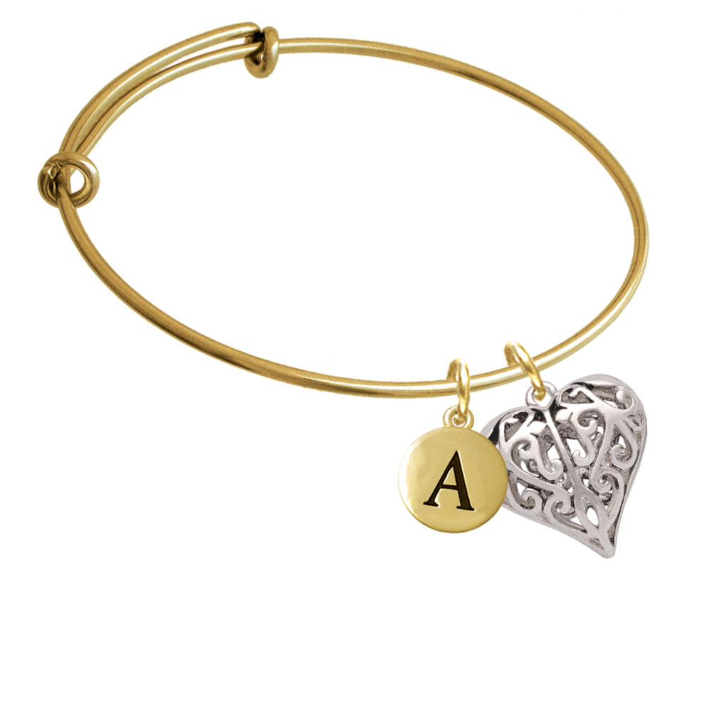 Large Open Filigree Heart Gold Tone Initial Charm Expandable Bangle Bracelet Br-c4450-pebbleinitial-f2084-gp