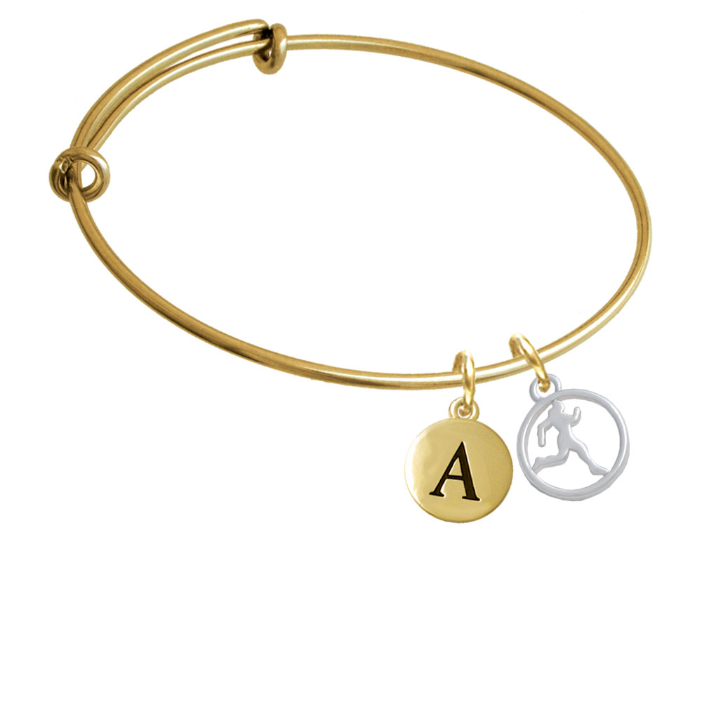 Runner Silhouette In 1/2'' Disc Gold Tone Initial Charm Expandable Bangle Bracelet Br-c5179-pebbleinitial-f2084-gp