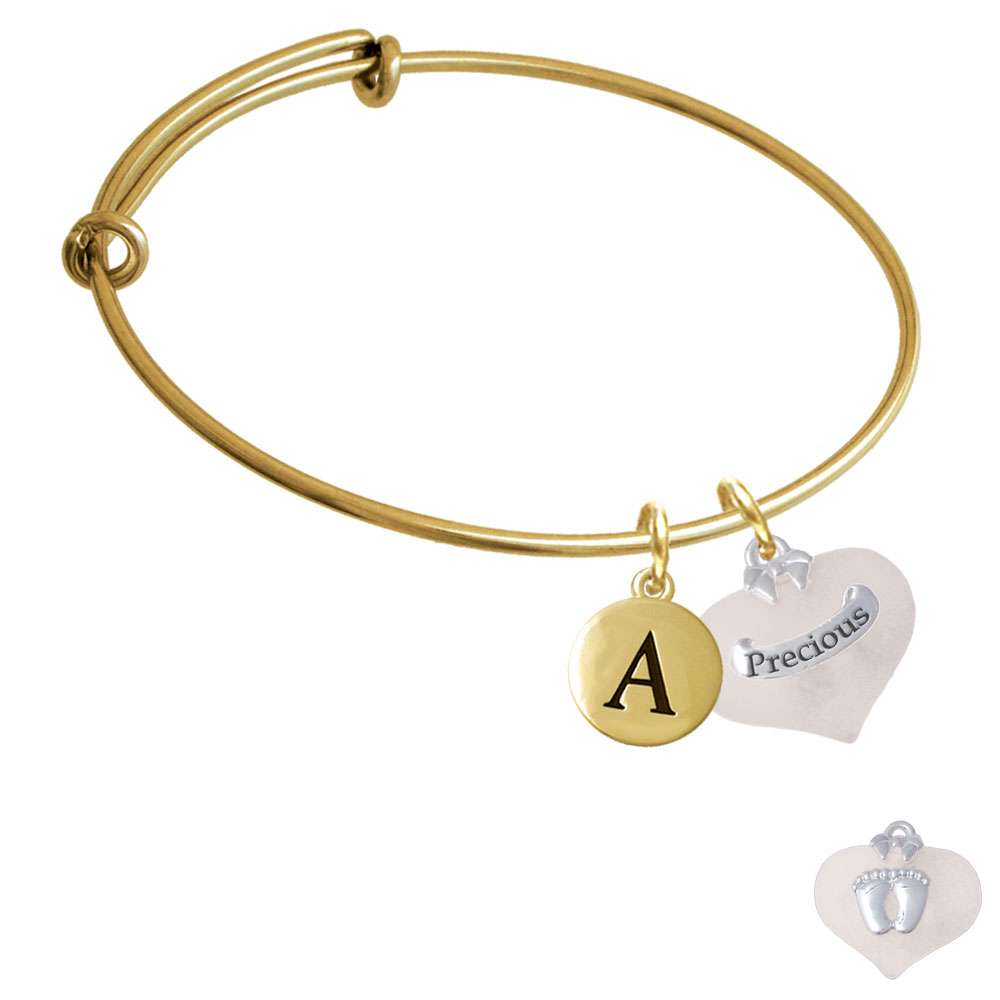 Precious White Heart With Baby Feet Gold Tone Initial Charm Expandable Bangle Bracelet Br-c5185-pebbleinitial-f2084-gp