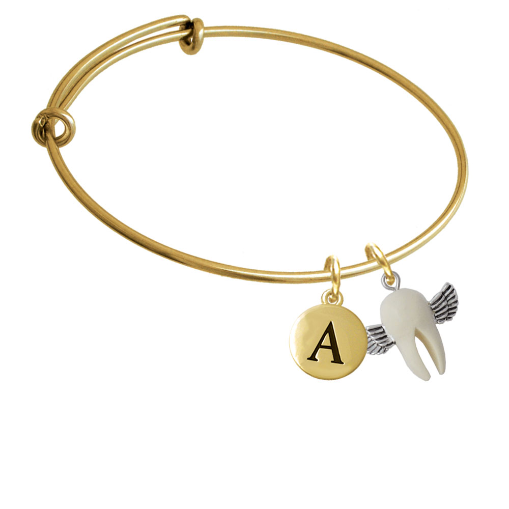 White Tooth With Wings - Tooth Fairy Gold Tone Initial Charm Expandable Bangle Bracelet Br-c5269-pebbleinitial-f2084-gp