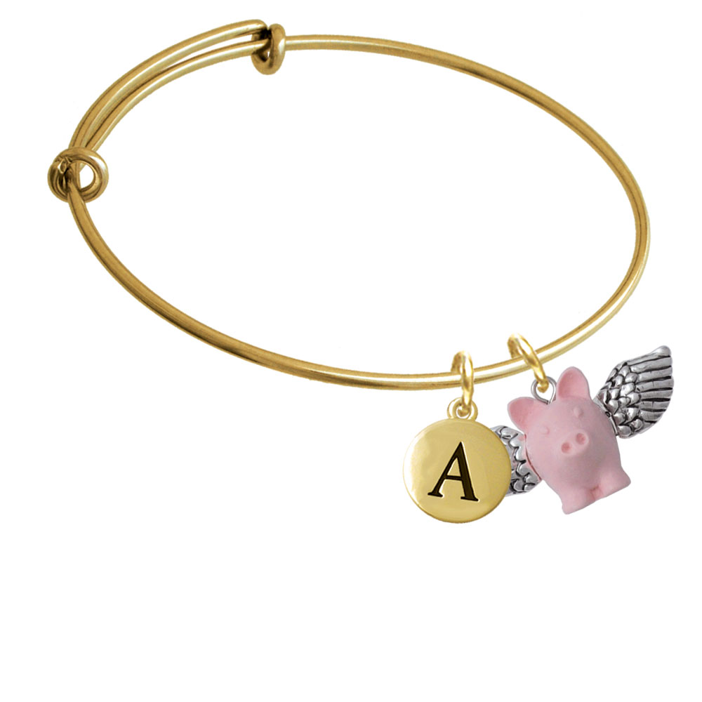 Pink Flying Pig With Wings Gold Tone Initial Charm Expandable Bangle Bracelet Br-c5270-pebbleinitial-f2084-gp